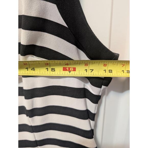 London Times Black Ivory Pink Stripe Rose Print Belt Work Summer Dress Size 12 - Picture 6 of 8